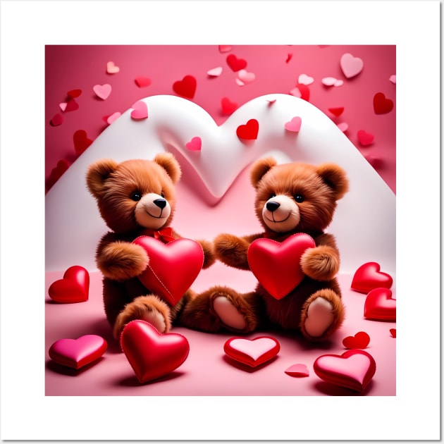 Teddy celebrating Valentines day, randome floating love hearts Wall Art by Colin-Bentham